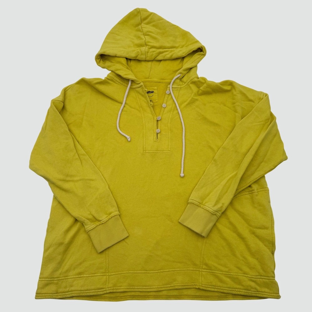 Aerie Women XS Yellow Henley Hoodie Cotton French Terry Pullover Pockets